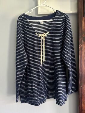 Tommy Bahama Navy and White Striped Lace-Up Long Sleeve Top